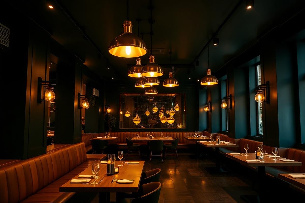 Dining room with brass pendant lights and leather banquettes